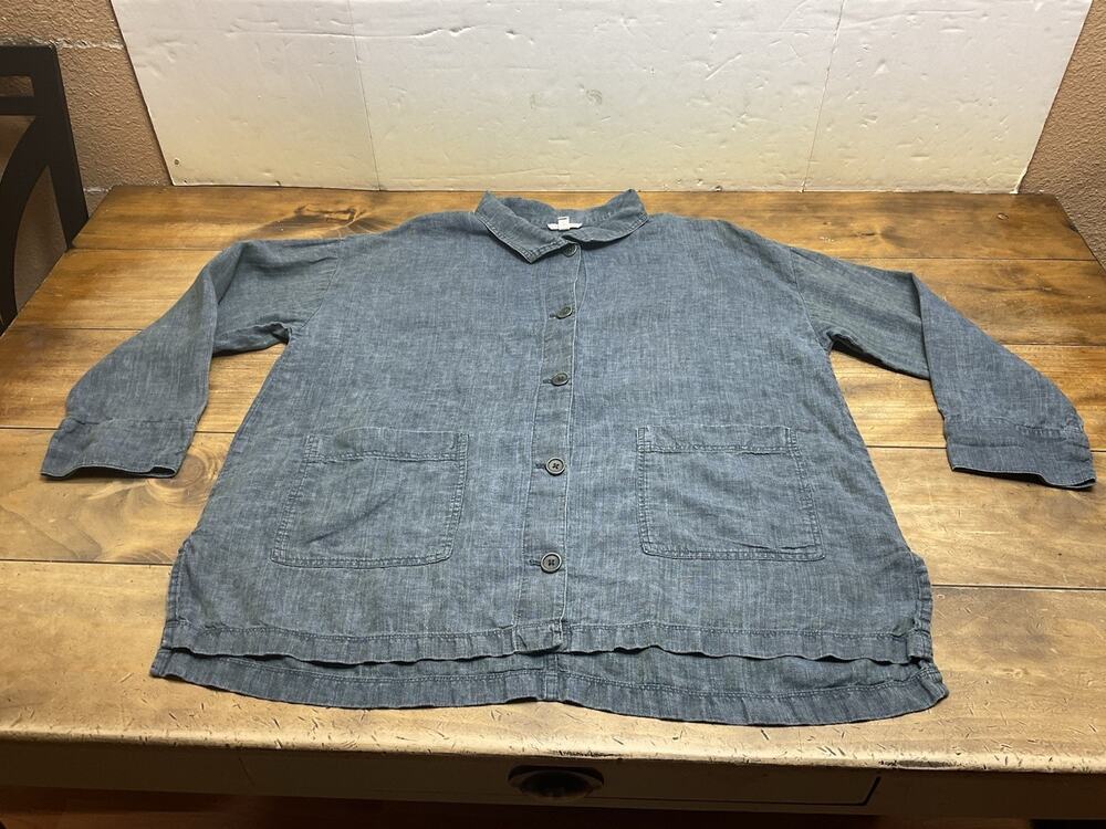 Eileen Fisher Organic Linen Stretch Classic Collar Jacket Denim Size Large